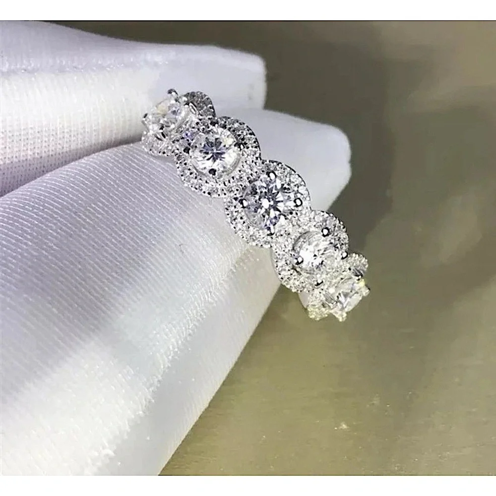 5‎ Stone Halo Simulated Diamond Ring | Platinum Plated Sterling Silver